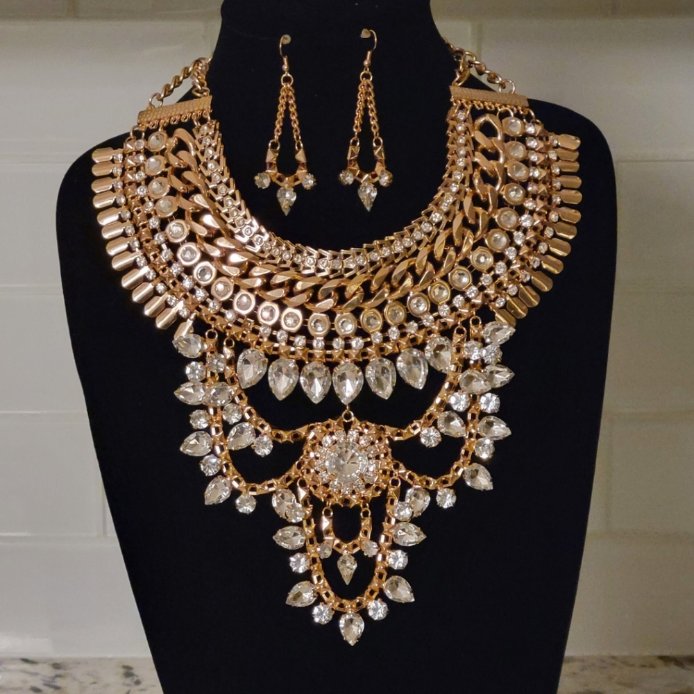 Multi tiered Blinged-out Bold Goddess Statement CZ Necklace Set